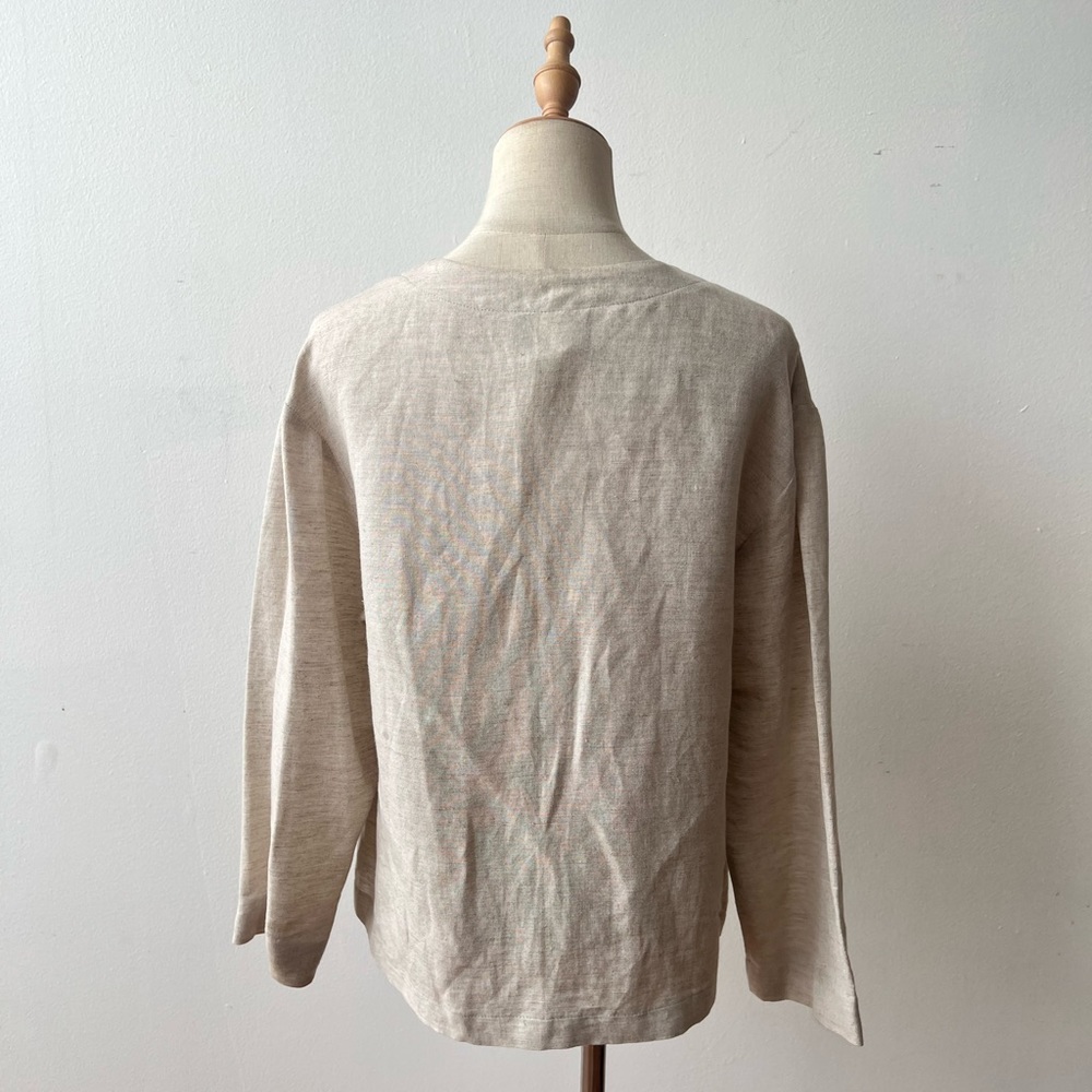 VINTAGE Linen Button V-Neck Beige Natural 3/4 Sleeve Top Womens Medium - Picture 5 of 9